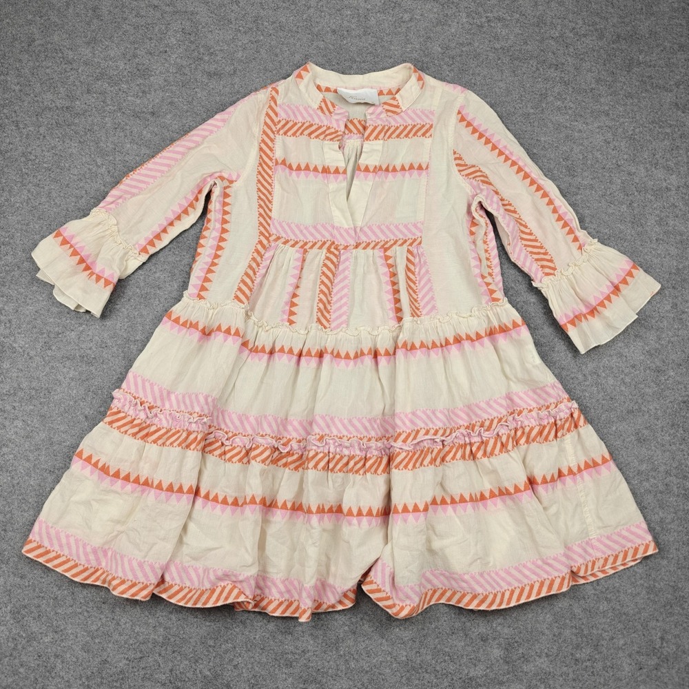 Kasia Dress Womens Medium Multicolor Chevron Boho Swing Short Bell Sleeve Ruffle